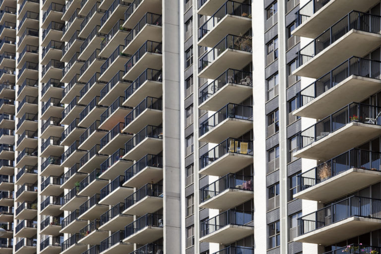 Close up of apartment building balconies